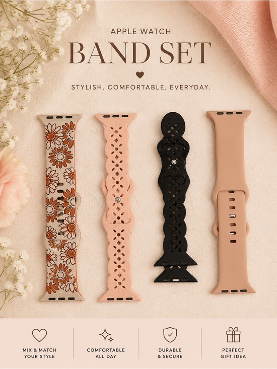 Apple Accessories - Floral and Solid Silicone Watch Band Set in White, Brown, Pink, Black